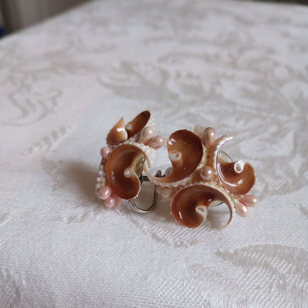 Vintage Shell Earrings, Pink Beads, Screw Backs Mid-century Jewelry
